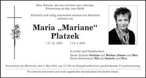 Traueranzeige Maria Platzek
