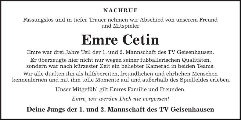 Traueranzeige Emre Cetin