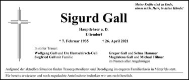 Traueranzeige Sigurd Gall