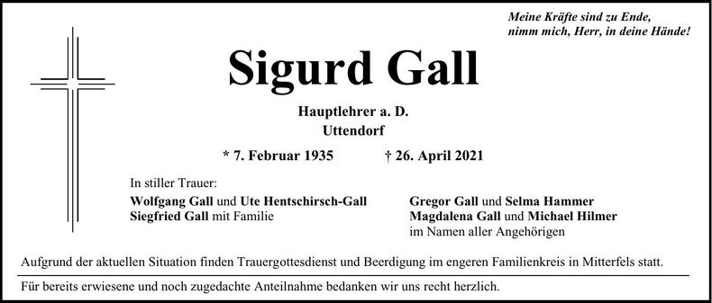 Traueranzeige Sigurd Gall