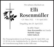 Traueranzeige Elli Rosenmüller