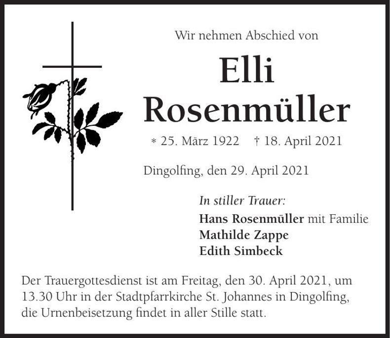 Traueranzeige Elli Rosenmüller