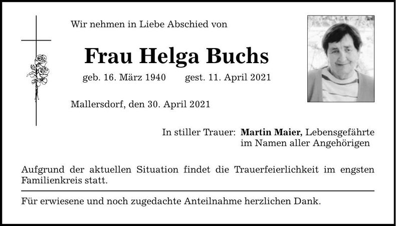 Traueranzeige Helga Buchs