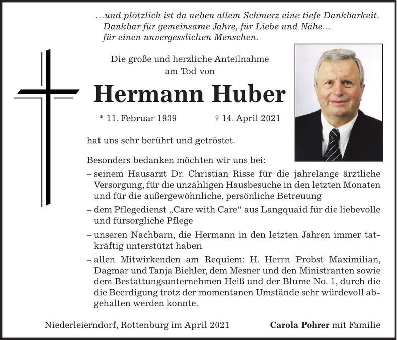 Traueranzeige Hermann Huber