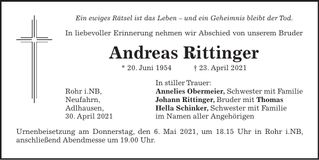 Traueranzeige Andreas Rittinger