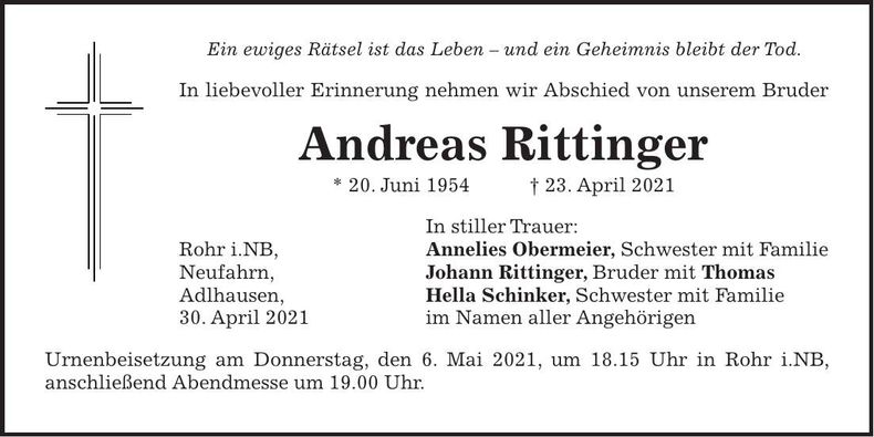 Traueranzeige Andreas Rittinger
