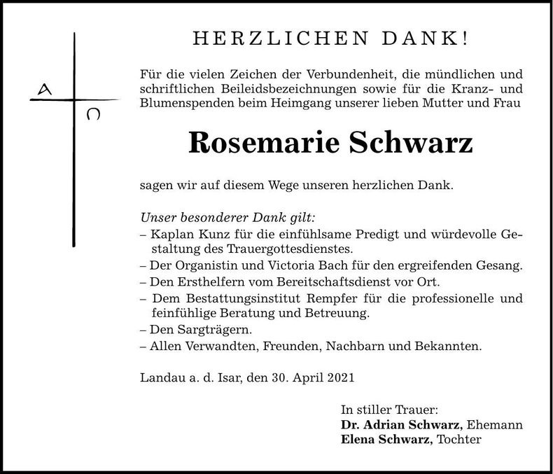 Traueranzeige Rosemarie Schwarz