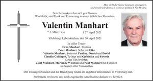 Traueranzeige Valentin Manhart