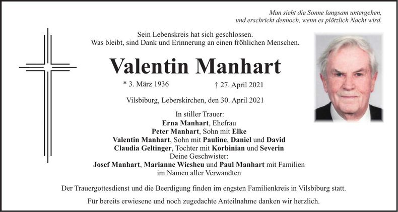 Traueranzeige Valentin Manhart