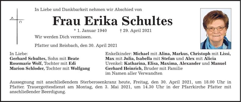 Traueranzeige Erika Schultes