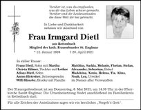 Traueranzeige Irmgard Dietl