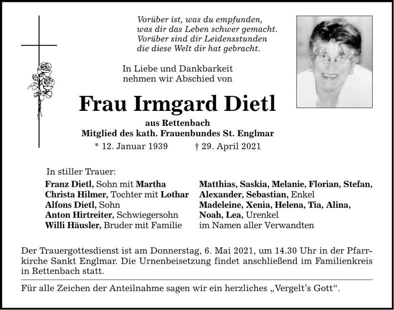 Traueranzeige Irmgard Dietl
