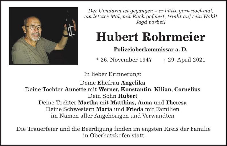 Traueranzeige Hubert Rohrmeier