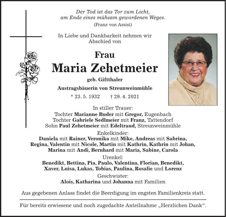 Traueranzeige Maria Zehetmeier