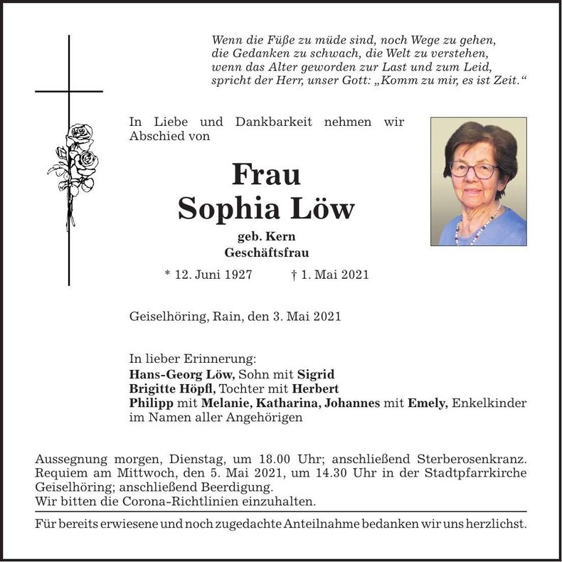 Traueranzeige Sophia Löw