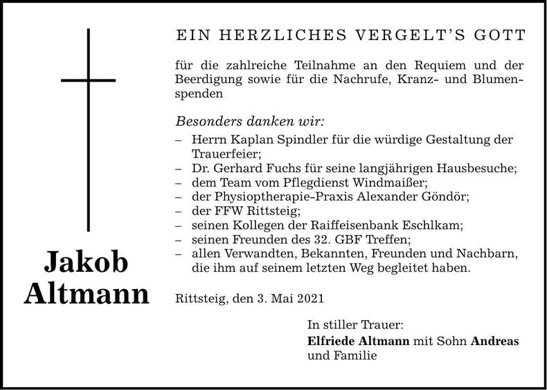 Traueranzeige Jakob Altmann