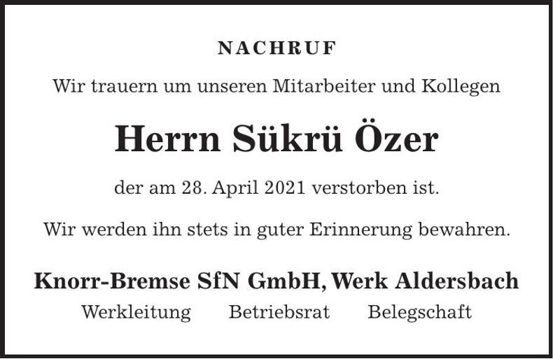 Traueranzeige Sükrü Özer