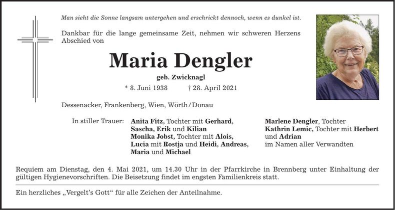 Traueranzeige Maria Dengler