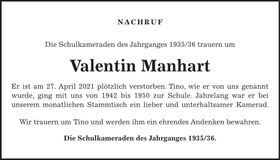 Traueranzeige Valentin Manhart