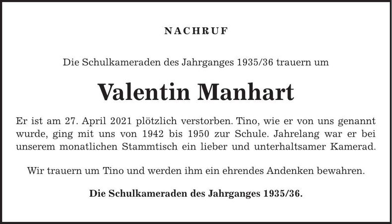 Traueranzeige Valentin Manhart