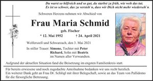 Traueranzeige Maria Schmid