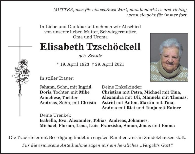 Traueranzeige Elisabeth Tzschöckell