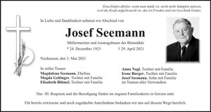Traueranzeige Josef Seemann