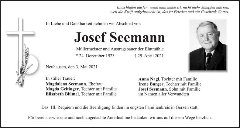 Traueranzeige Josef Seemann