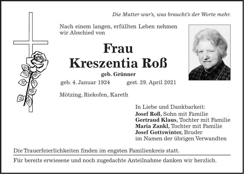 Traueranzeige Kreszentia Roß