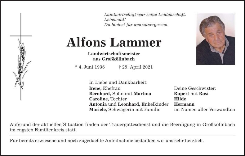 Traueranzeige Alfons Lammer