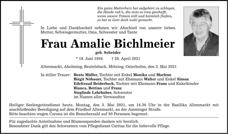 Traueranzeige Amalie Bichlmeier