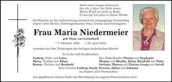 Traueranzeige Maria Niedermeier
