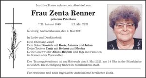 Traueranzeige Zenta Renner