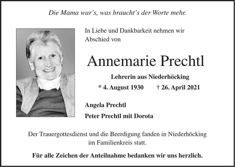 Traueranzeige Annemarie Prechtl