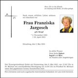 Traueranzeige Franziska Jargosch