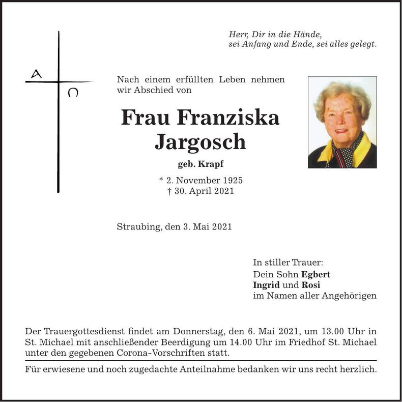 Traueranzeige Franziska Jargosch
