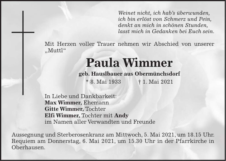 Traueranzeige Paula Wimmer