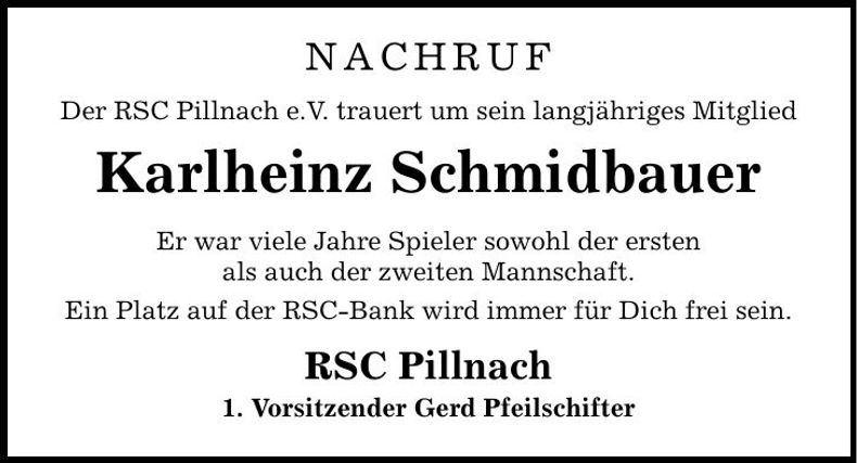 Traueranzeige Karlheinz Schmidbauer