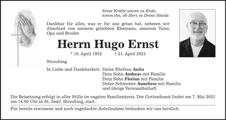 Traueranzeige Hugo Ernst