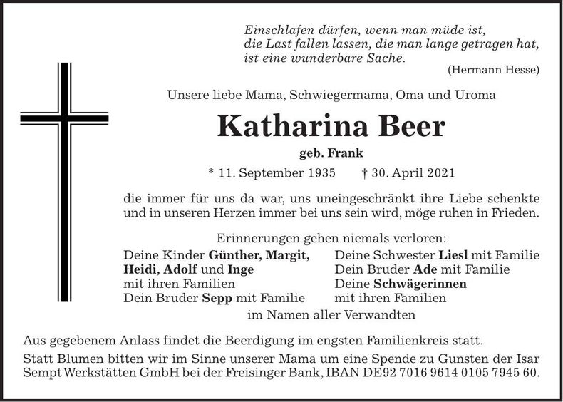 Traueranzeige Katharina Beer
