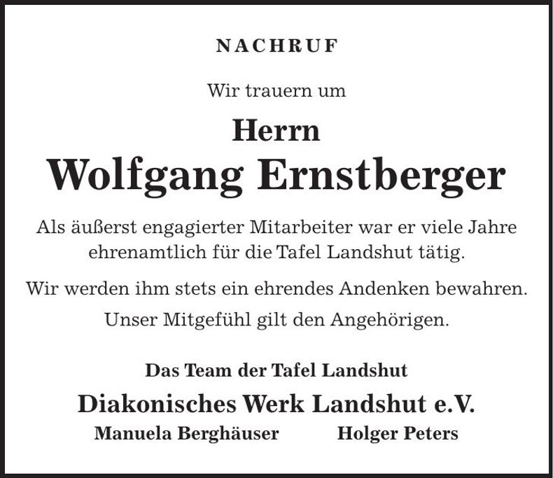 Traueranzeige Wolfgang Ernstberger
