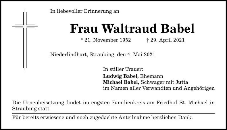 Traueranzeige Waltraud Babel