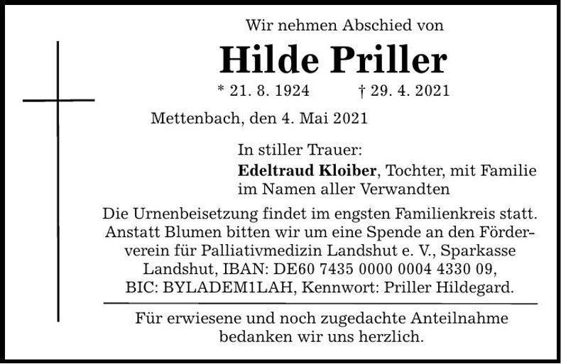 Traueranzeige Hilde Priller