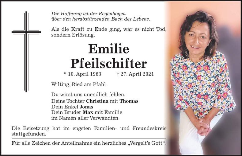 Traueranzeige Emilie Pfeilschifter