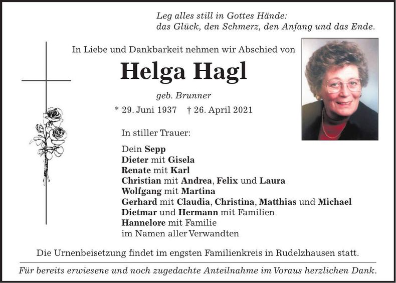 Traueranzeige Helga Hagl