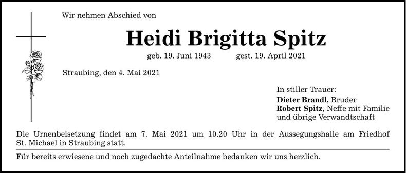 Traueranzeige Brigitta Spitz