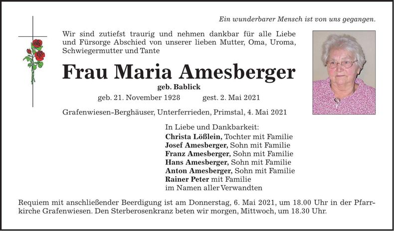 Traueranzeige Maria Amesberger