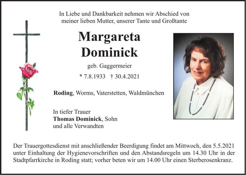 Traueranzeige Margareta Dominick