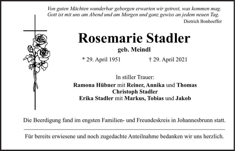 Traueranzeige Rosemarie Stadler