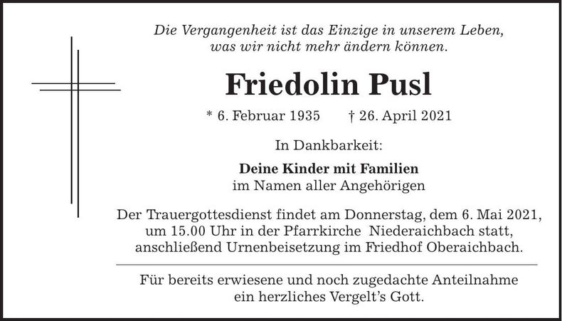 Traueranzeige Friedolin Pusl